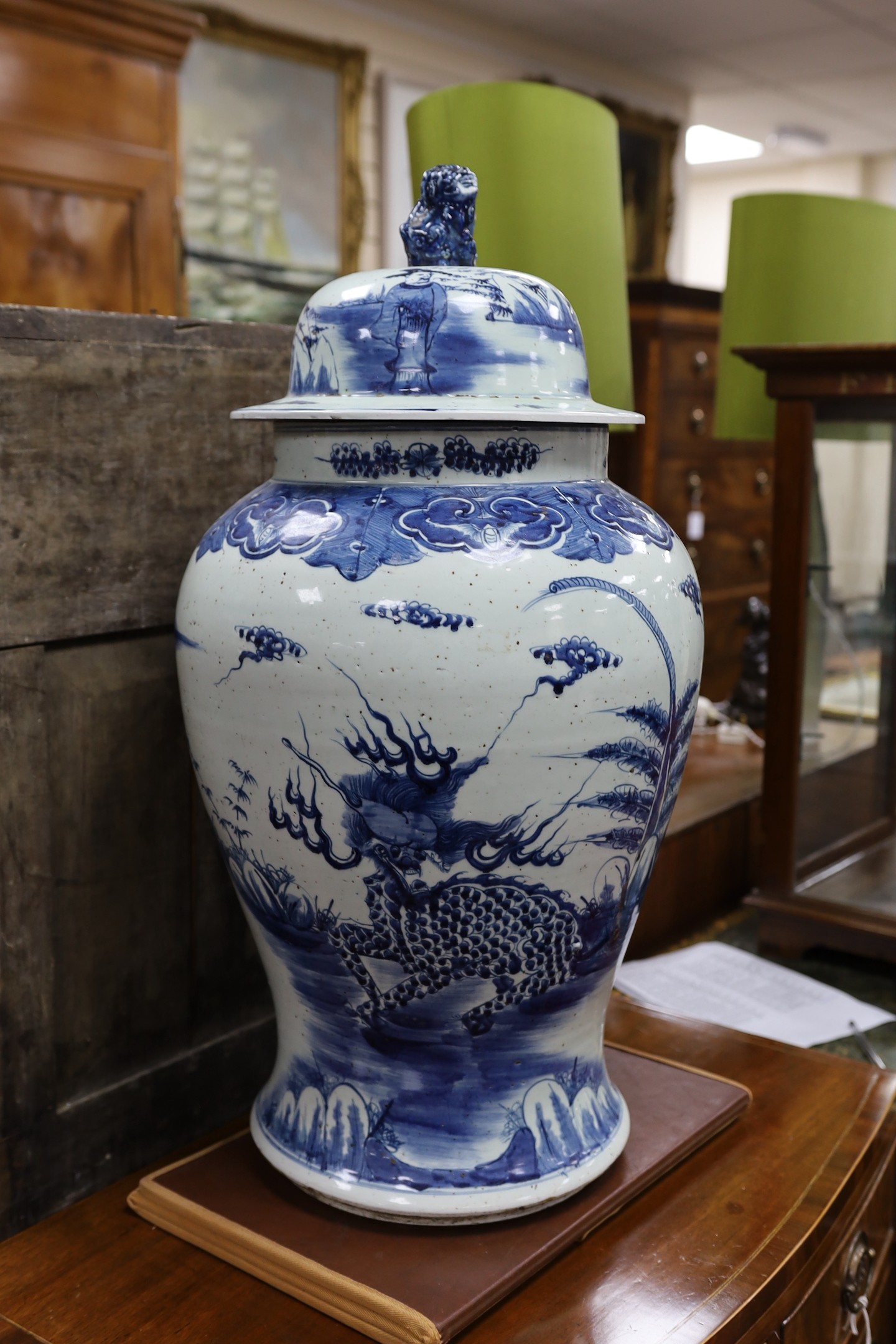 A large Chinese blue and white lidded baluster vase, 75cm tall